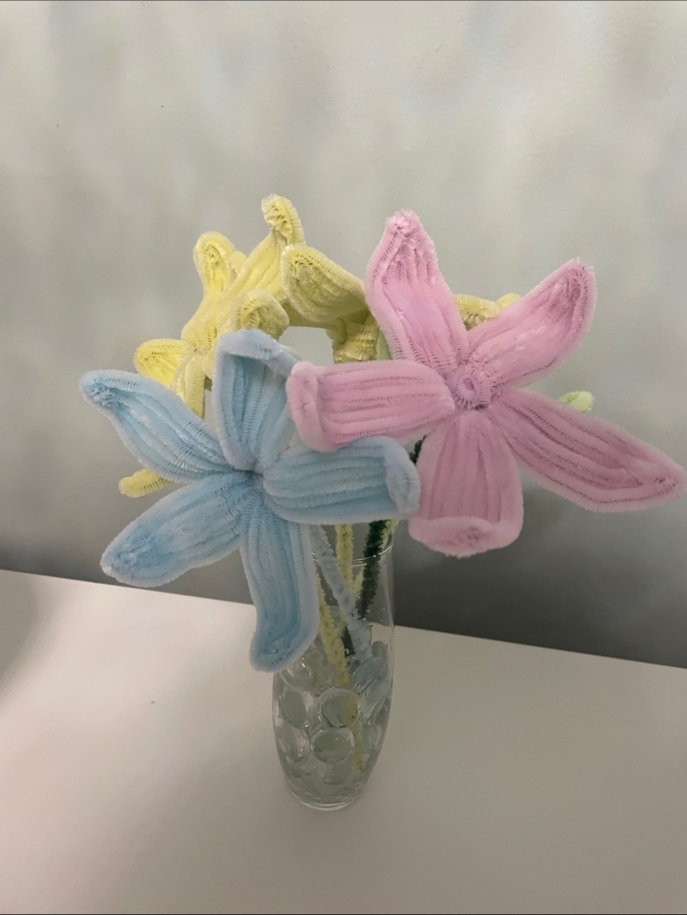 Pastel Chenille Pipe Cleaner Flower Bouquet - Blue Pink Yellow green